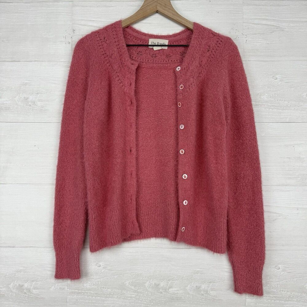 The‎ Reeds x J.Crew Size M Fuzzy Cardigan Sweater Flamingo Pink Eyelash Preppy